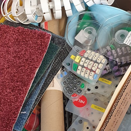 Carpet tiles, plastic rings, funnels and segments of keyboards can be used in crafts and creative play.